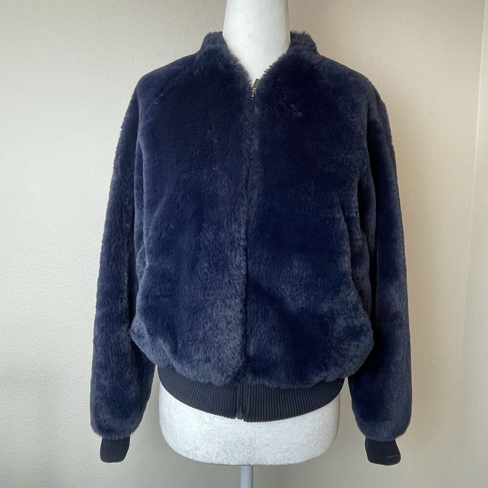 Banana Republic Women’s Faux Fur Zip Jacket Navy Blue Cozy Holiday Party Chic-XS